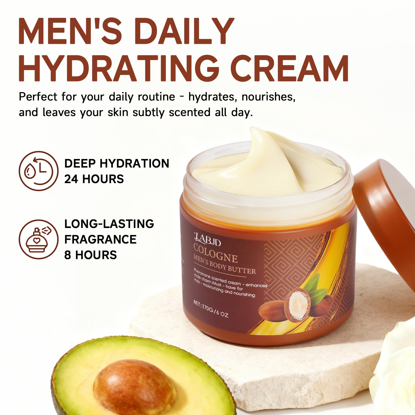 LABJD Cologne Body Butter application close-up shows quick, comfortable massage