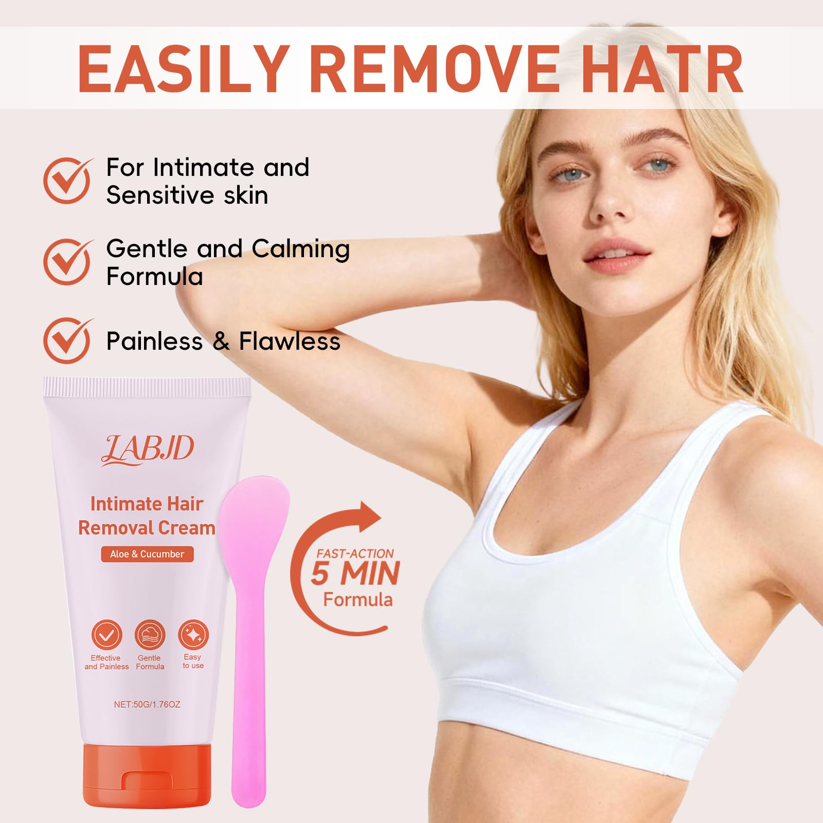 LABJD Hair Removal Cream being applied on legs with spatula for even coverage.