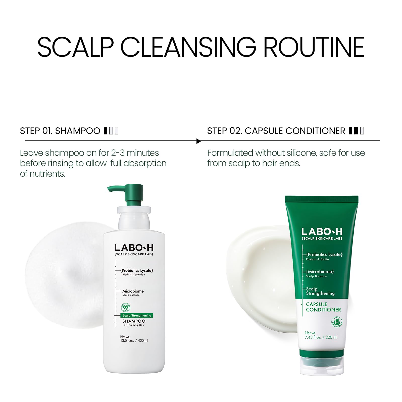 LABO-H Scalp Strengthening Shampoo vegan formula packaging highlights clean beauty