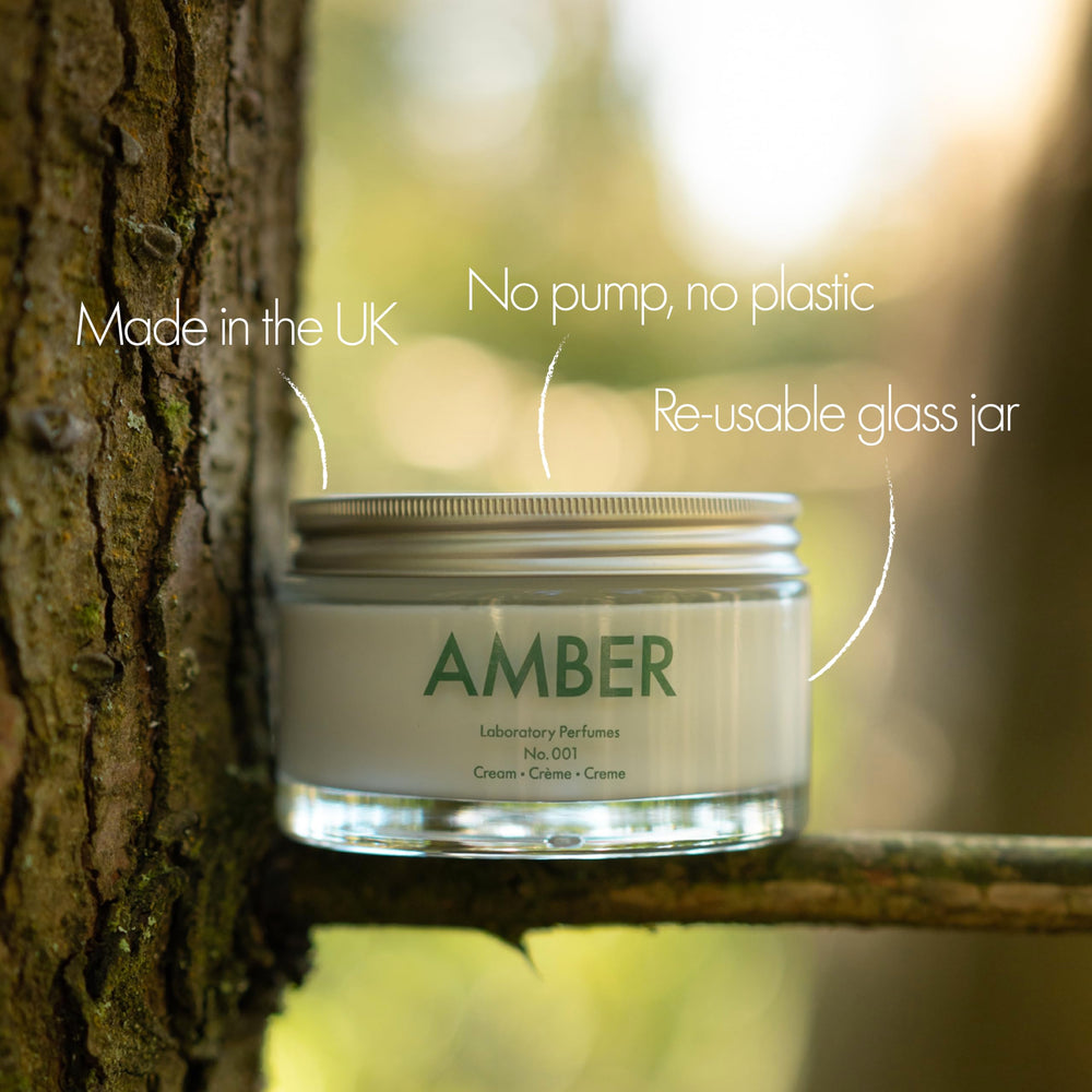 Laboratory Perfumes Amber Body Cream being applied—absorbs quickly for a featherlight feel.