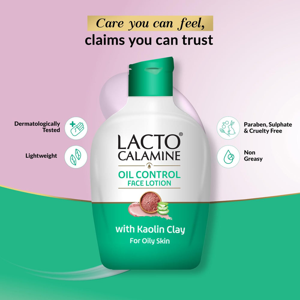 120ml bottle of Lacto Calamine Oil Balance lotion on bathroom shelf.
