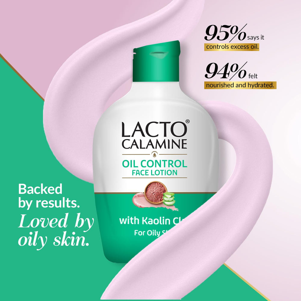 Lacto Calamine Oil Balance lotion on skin with a non-greasy matte feel.