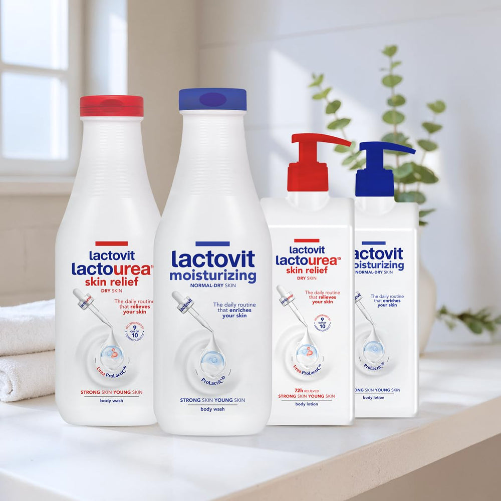 Lactovit bottle with water splash, refreshing shower moment.