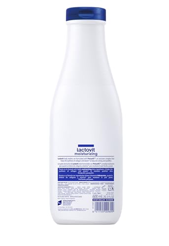 Lactovit moisturizing body wash on bathroom counter for routine.
