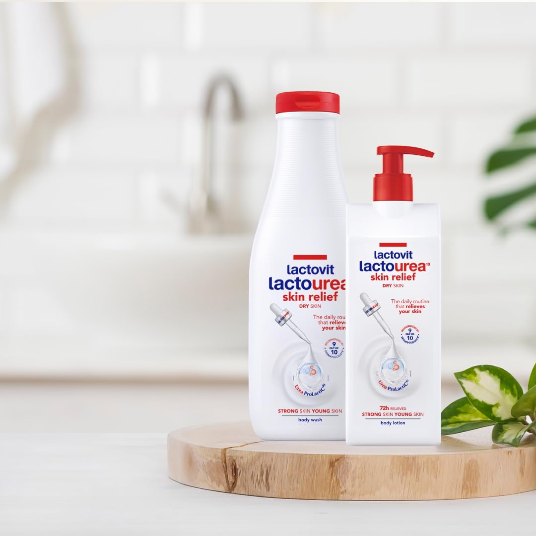 Lactovit shower scene with bottle on bathroom shelf