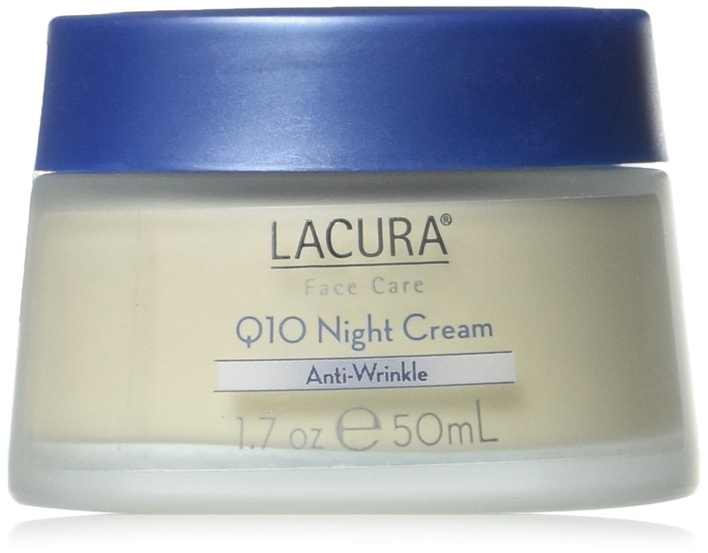 Lacura Q10 Night Cream bottle for nightly skincare routine with potential antioxidant support.