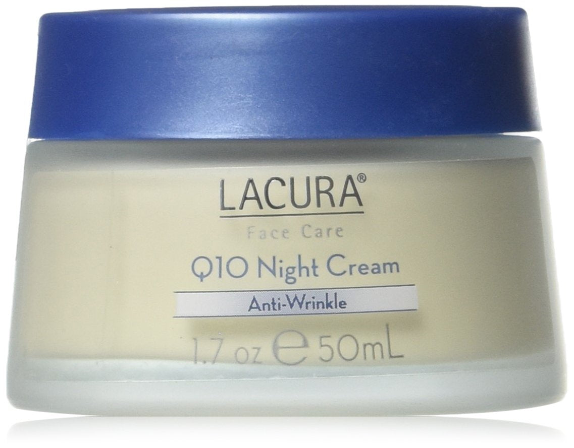 Lacura Q10 Night Cream bottle for nightly skincare routine with potential antioxidant support.