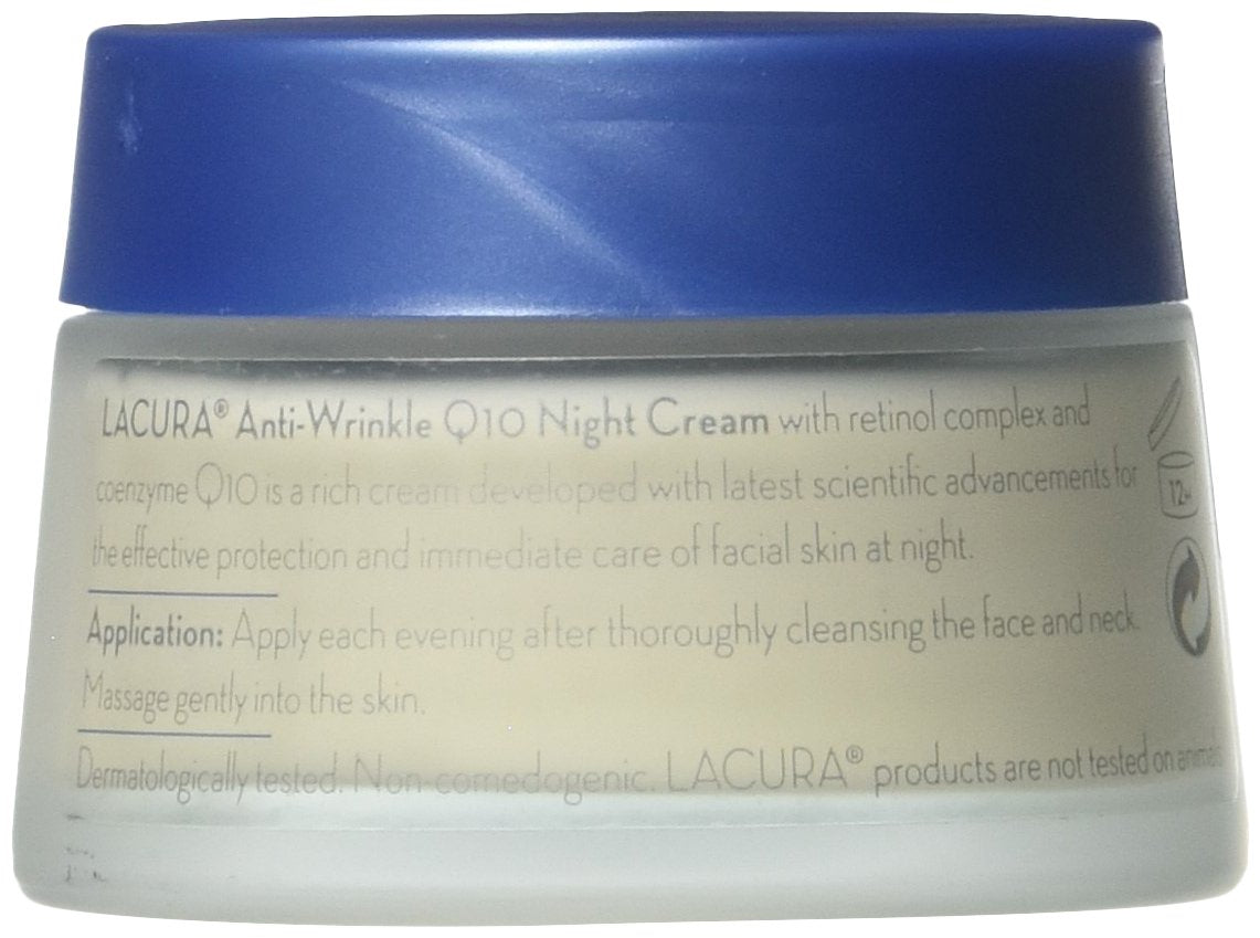 Lacura Q10 Night Cream jar close-up shows a creamy texture ideal for overnight hydration.