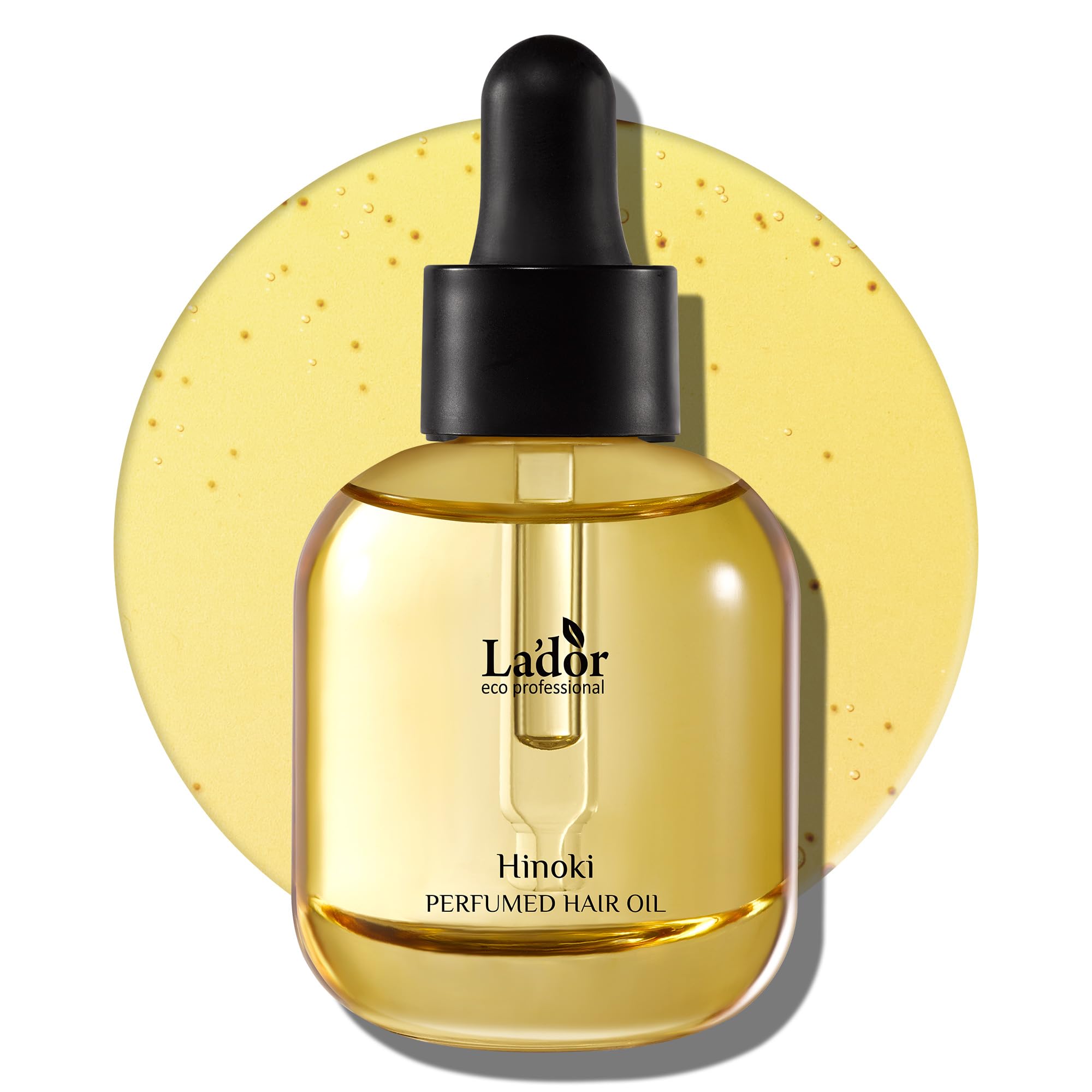 LA'DOR Hair Perfume Oil bottle shown with Hinoki notes for radiant shine.