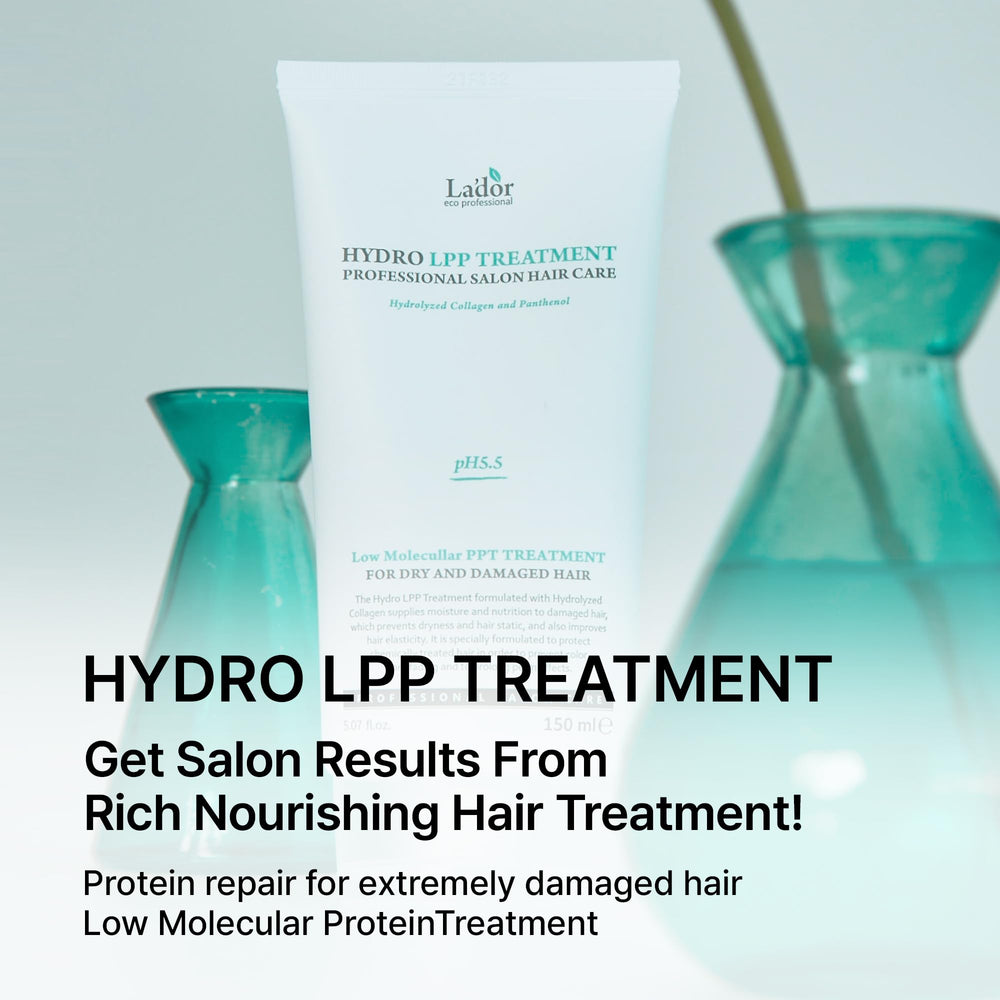 Product being dispensed from LA'DOR Hydro LPP bottle, ideal for quick daily conditioning