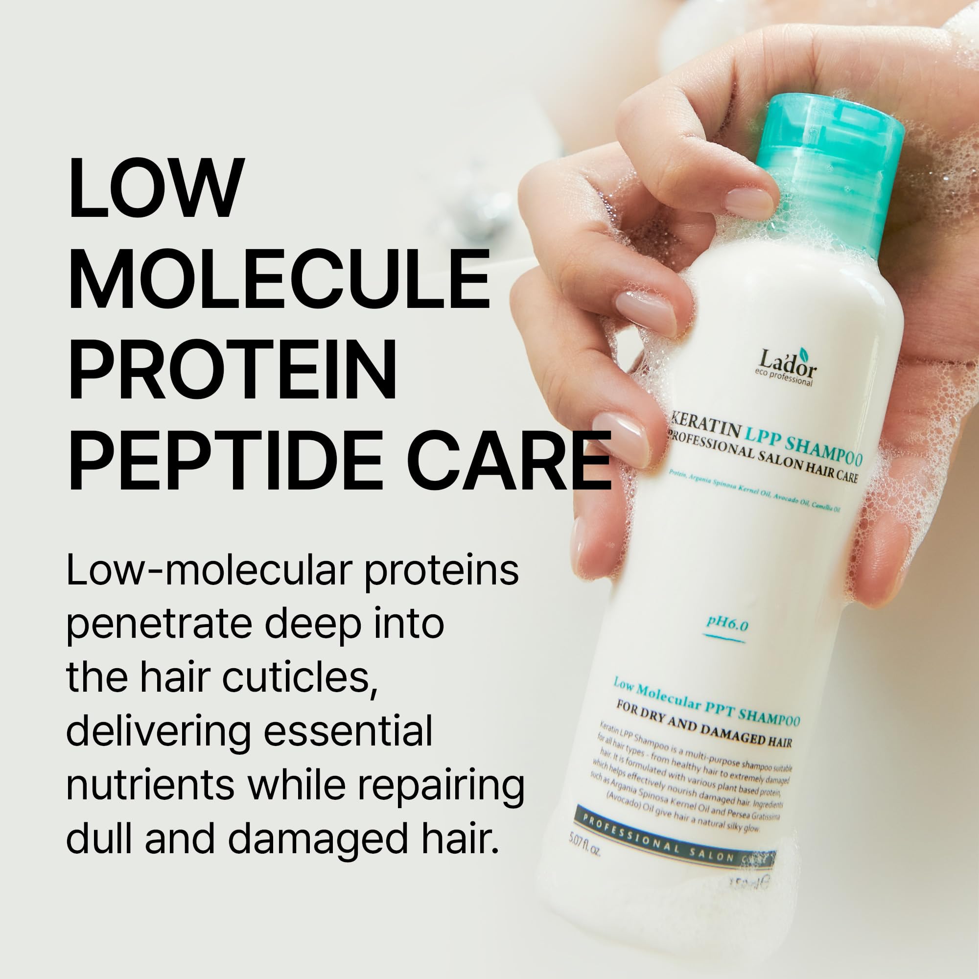 LA'DOR Keratin LPP Shampoo hair close-up—frizz control and shine