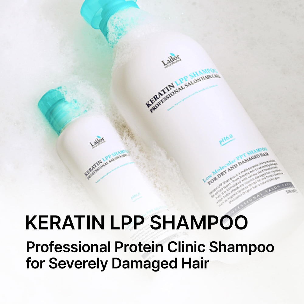LA'DOR Keratin LPP Shampoo pump close-up—protein-rich formula nourishes strands