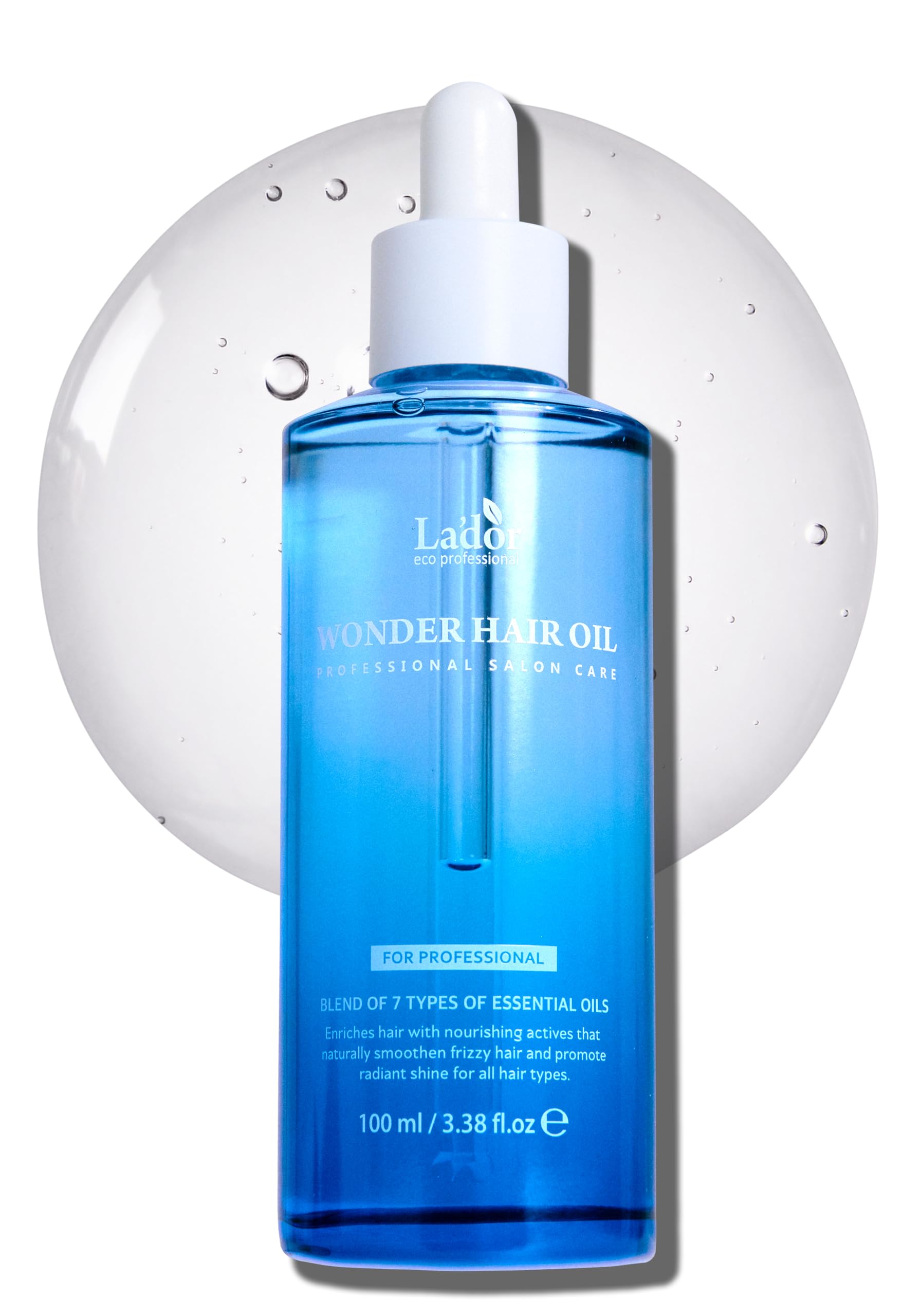 LA'DOR Wonder Hair Oil bottle close-up showing anti-frizz formulation boosts shine