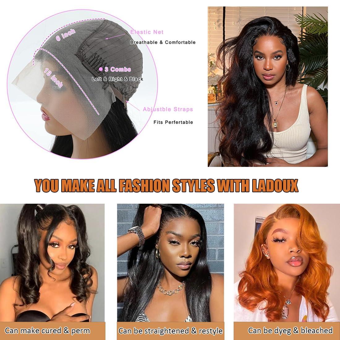 Ladoux glueless cap 22-22.5 inch easy adjustment and secure fit