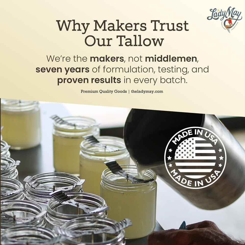 Lady May Tallow packaging with sturdy bucket and handle for easy use.