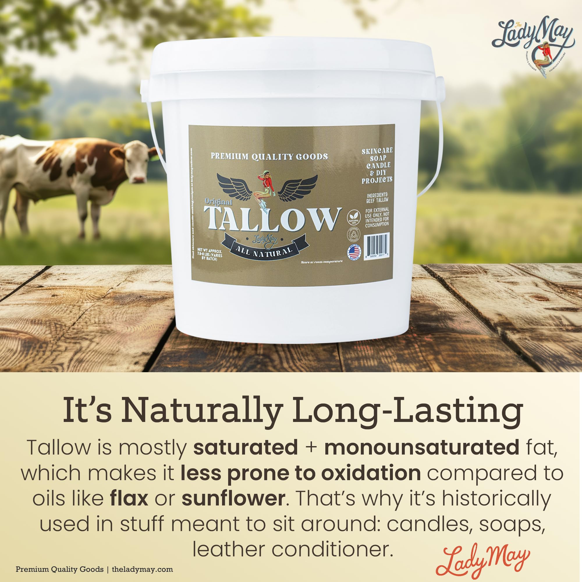 Lady May Tallow skincare preparation showing creamy texture for moisturizers.