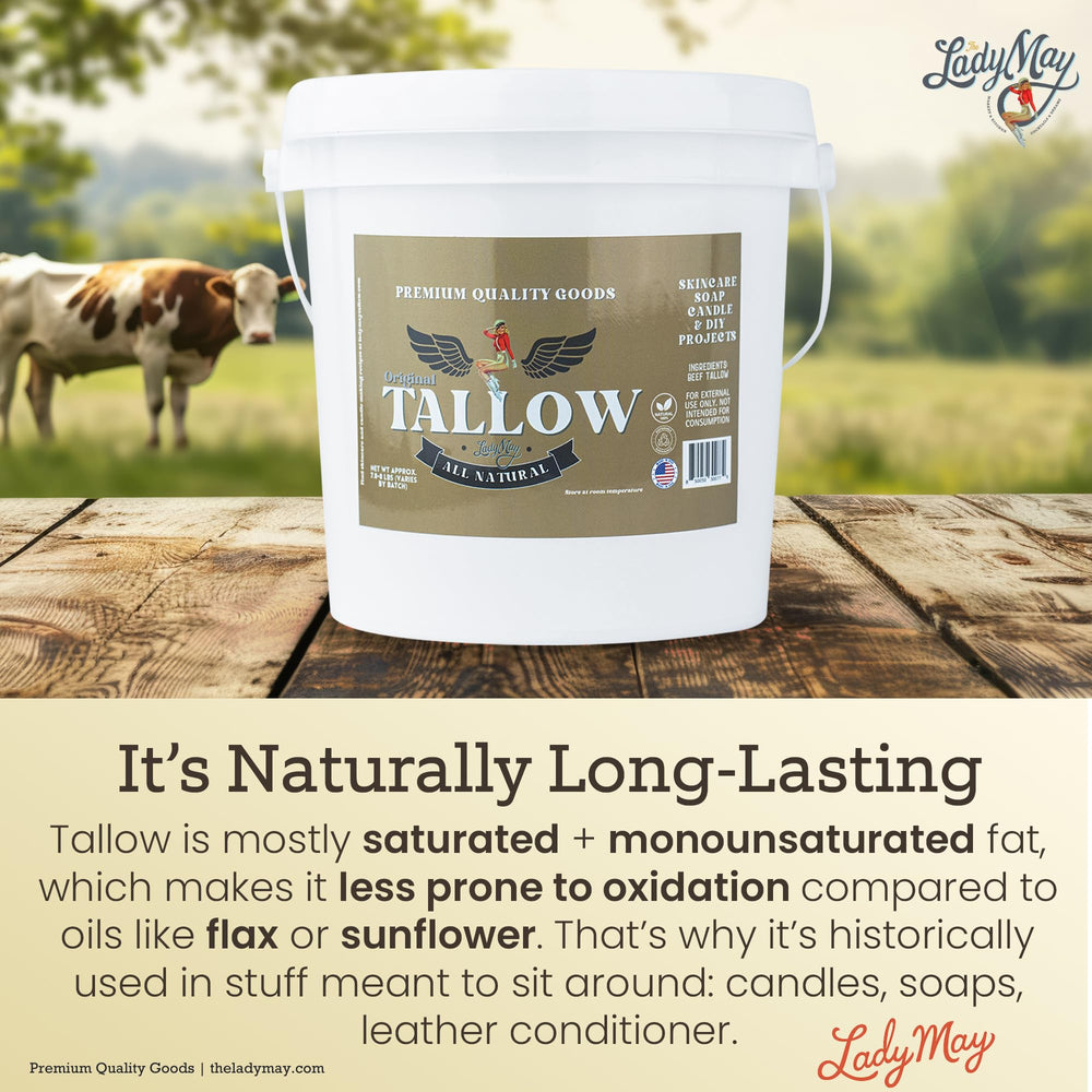 Lady May Tallow skincare preparation showing creamy texture for moisturizers.