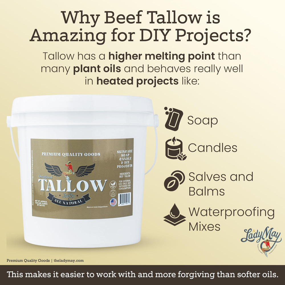 Lady May Tallow unscented rendered fat for sensitive skin formulas.