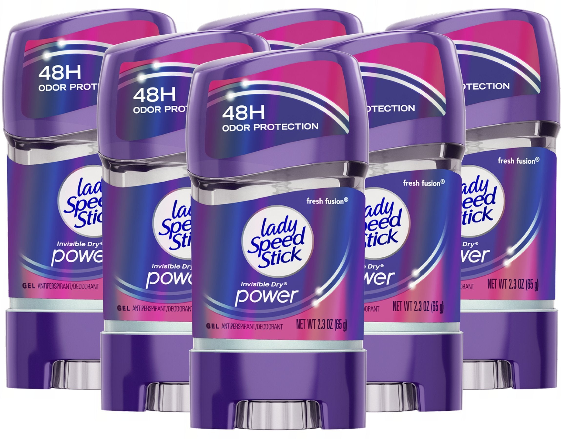Lady Speed Stick Fresh Fusion invisible gel bottle shows long-lasting odor protection.