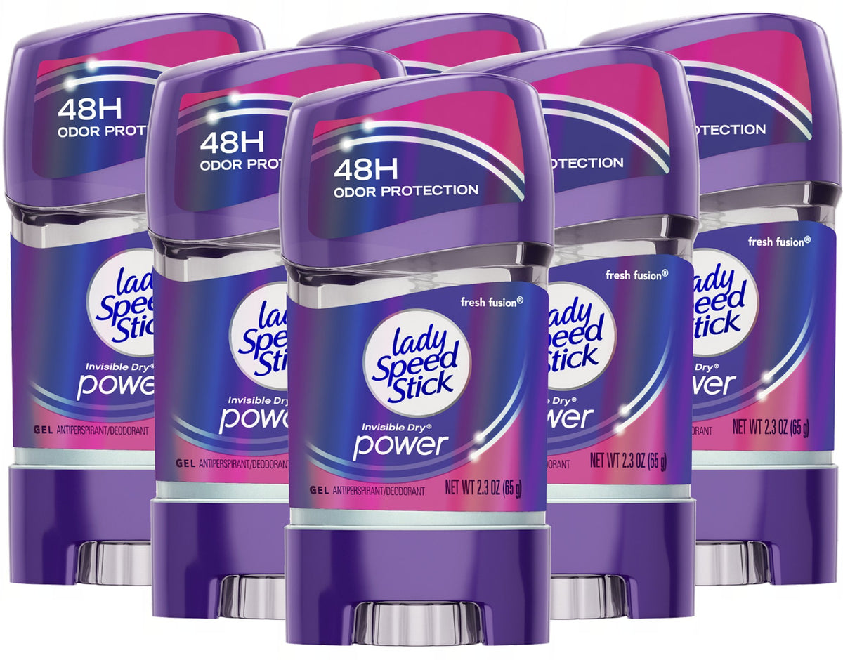 Lady Speed Stick Fresh Fusion invisible gel bottle shows long-lasting odor protection.