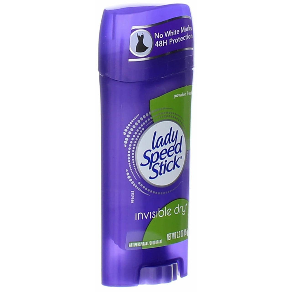 Lady Speed Stick Powder Fresh Invisible Dry usage steps illustrate easy underarm application.