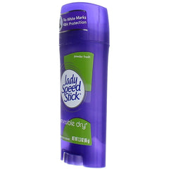 Lady Speed Stick Powder Fresh Invisible Dry stick close-up emphasizes clear, residue-free application.