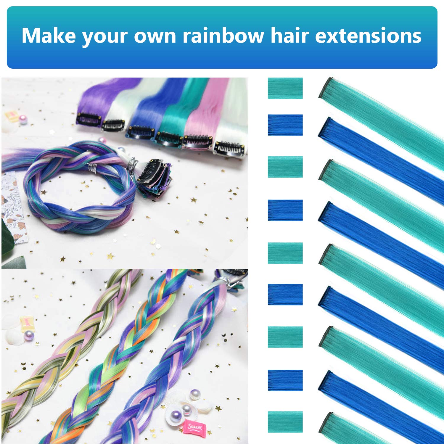 Ladyamz colorful teal and sapphire blue hairpieces for party-ready looks.