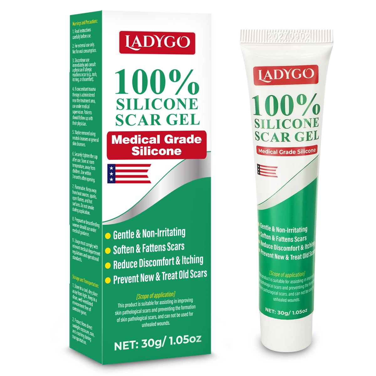 Ladygo Advance Scar Gel tube close-up showing smooth, quick-absorbing formula for scar care