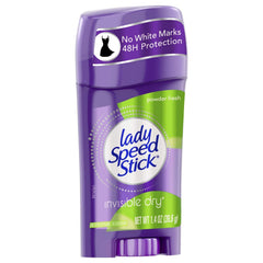 Front of packaging highlighting Lady Speed Stick Invisible Dry Powder Fresh.