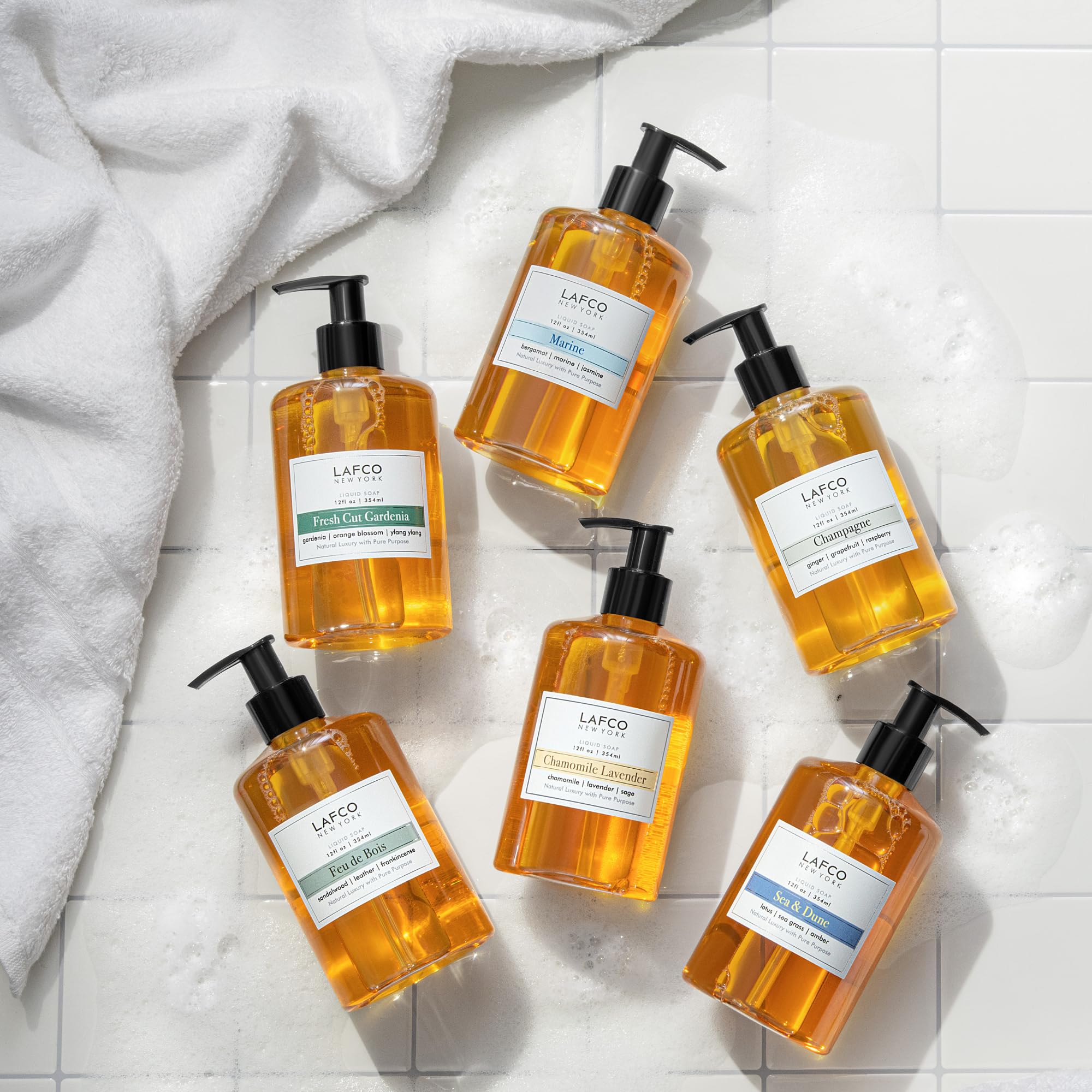 Elegant bathroom shelf with LAFCO New York Chamomile Lavender liquid soap