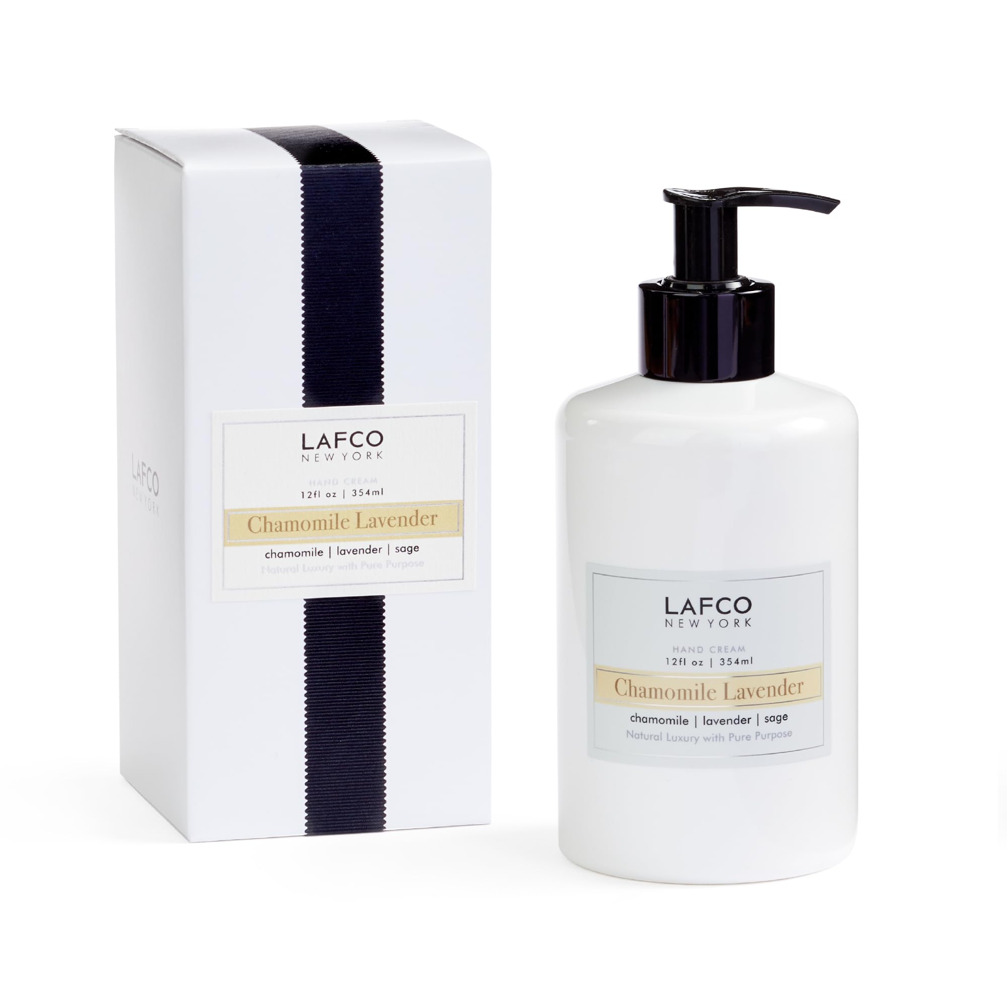 LAFCO New York Chamomile Lavender Hand Cream 12oz bottle offers daily hydration and soothing aroma.