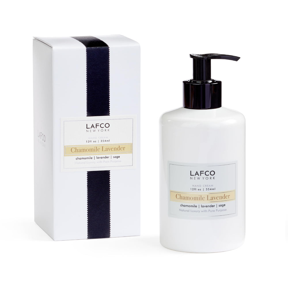 LAFCO New York Chamomile Lavender Hand Cream 12oz bottle offers daily hydration and soothing aroma.