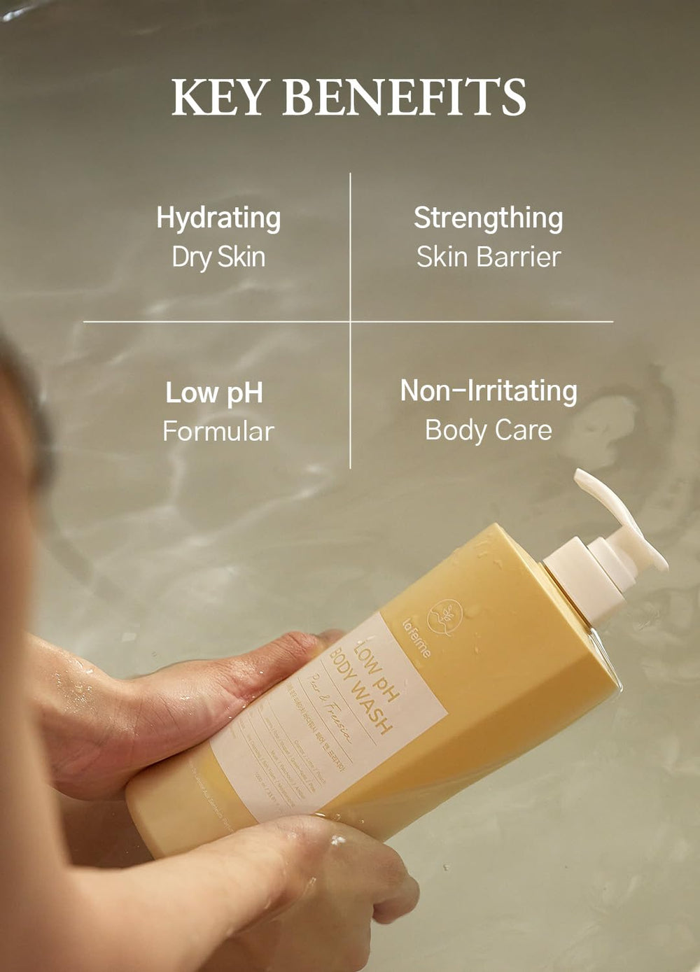 laferme bottle on bathroom shelf suggests everyday use and convenient size