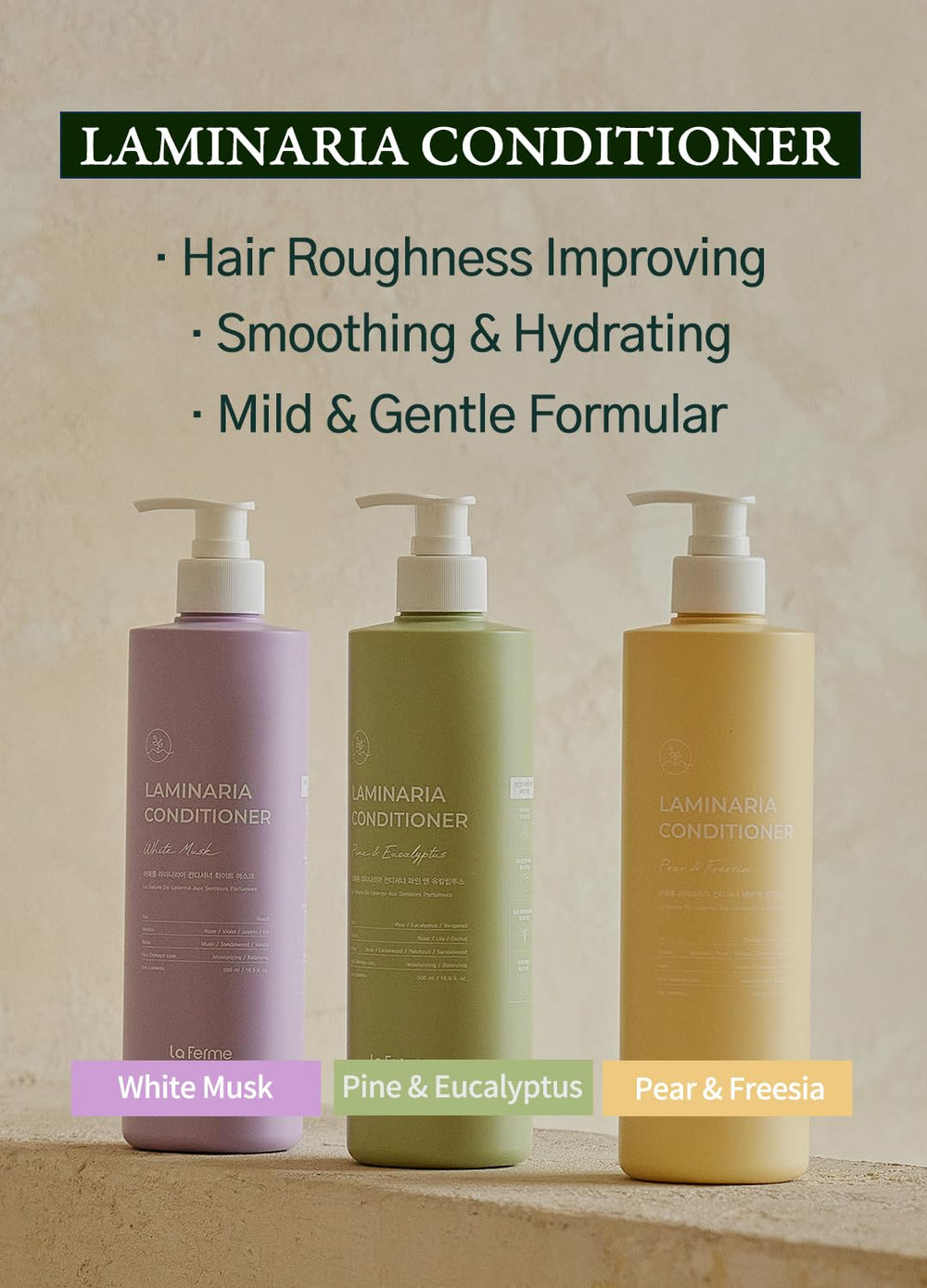 laferme Laminaria Conditioner label closeup emphasizing organic ingredients and gentle cleansing.