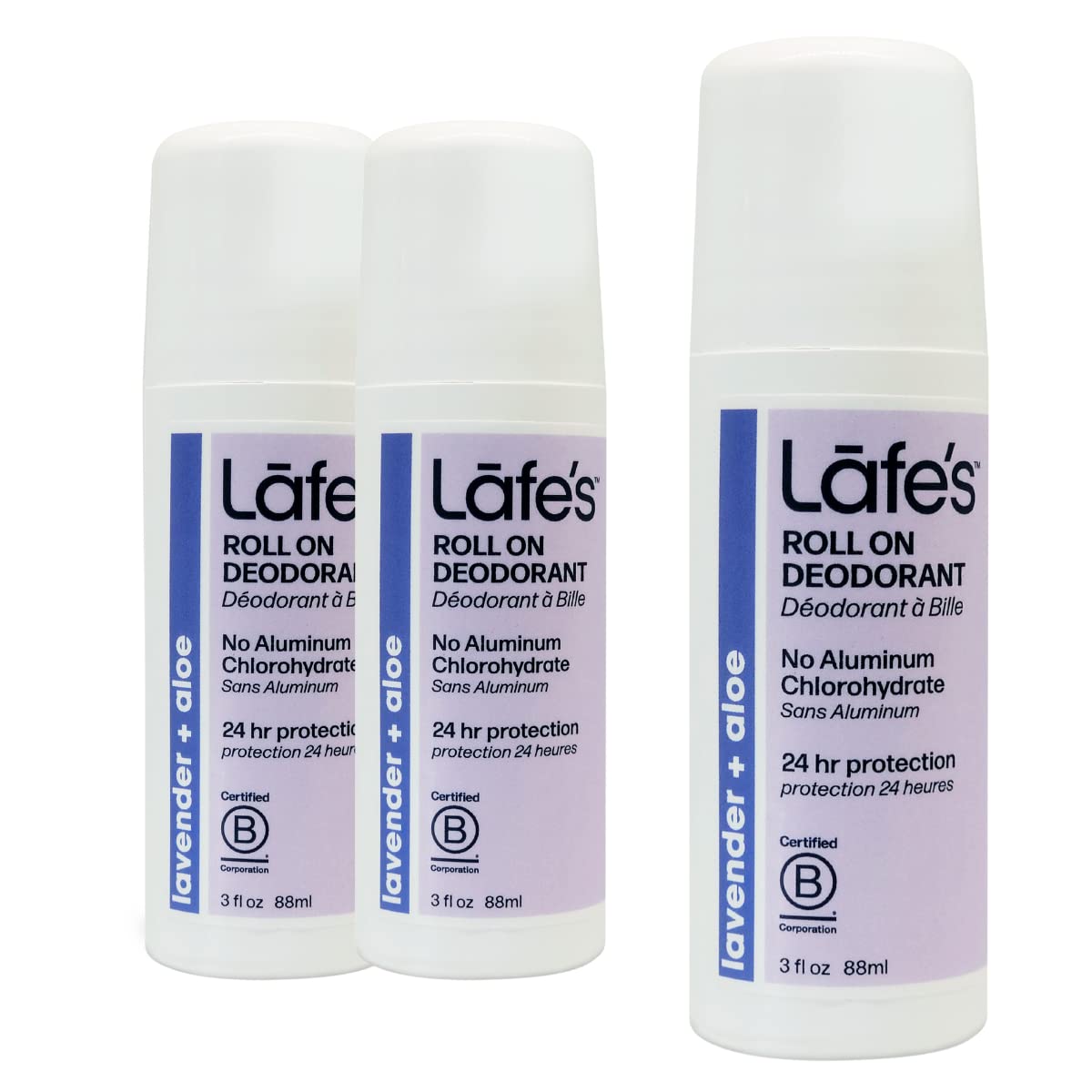 Lafe's Lavender and Aloe packaging showcases a toxin-free, aluminum-free formula for daily freshness.