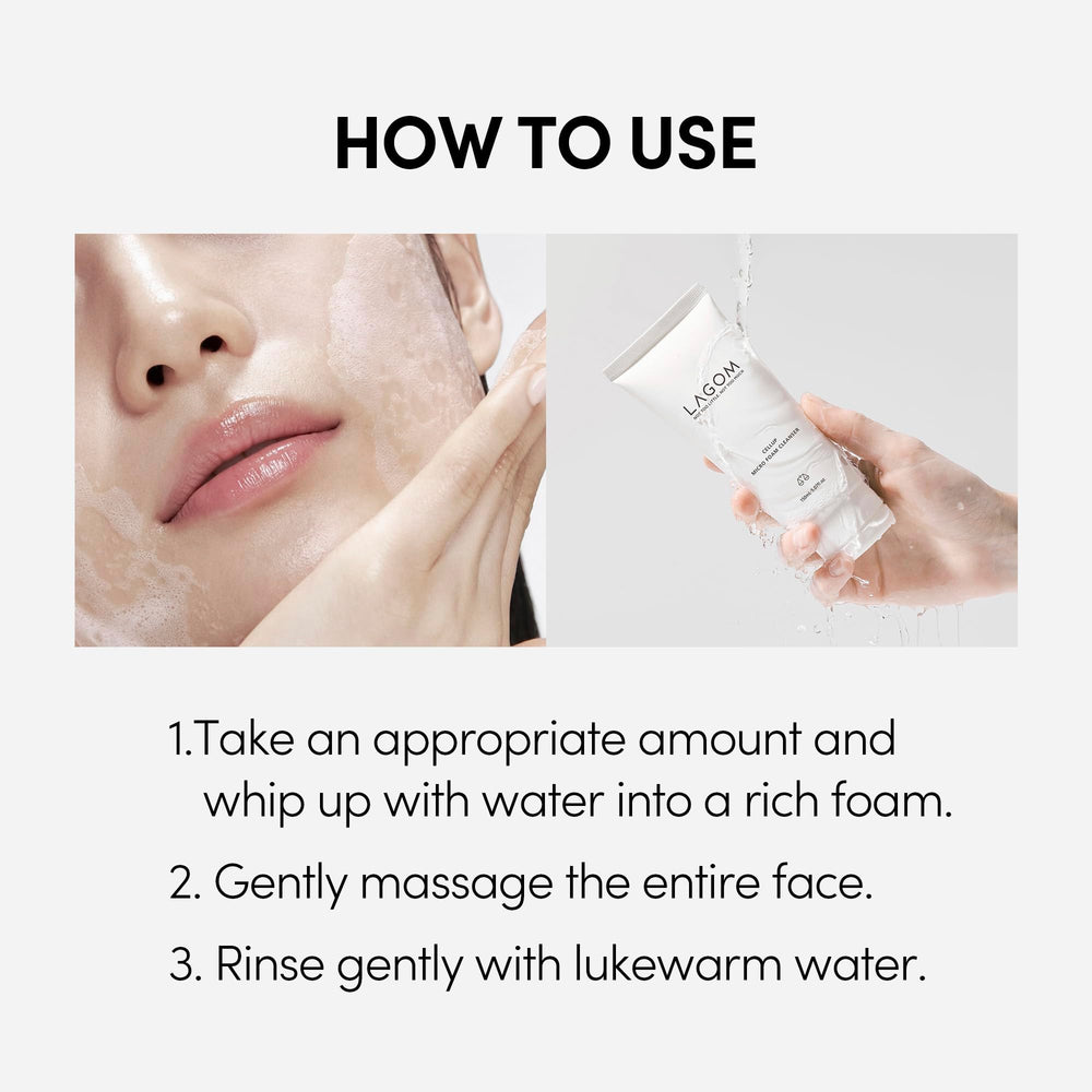 LAGOM Cellup how-to-use step shows wet hands, lather, then rinse.