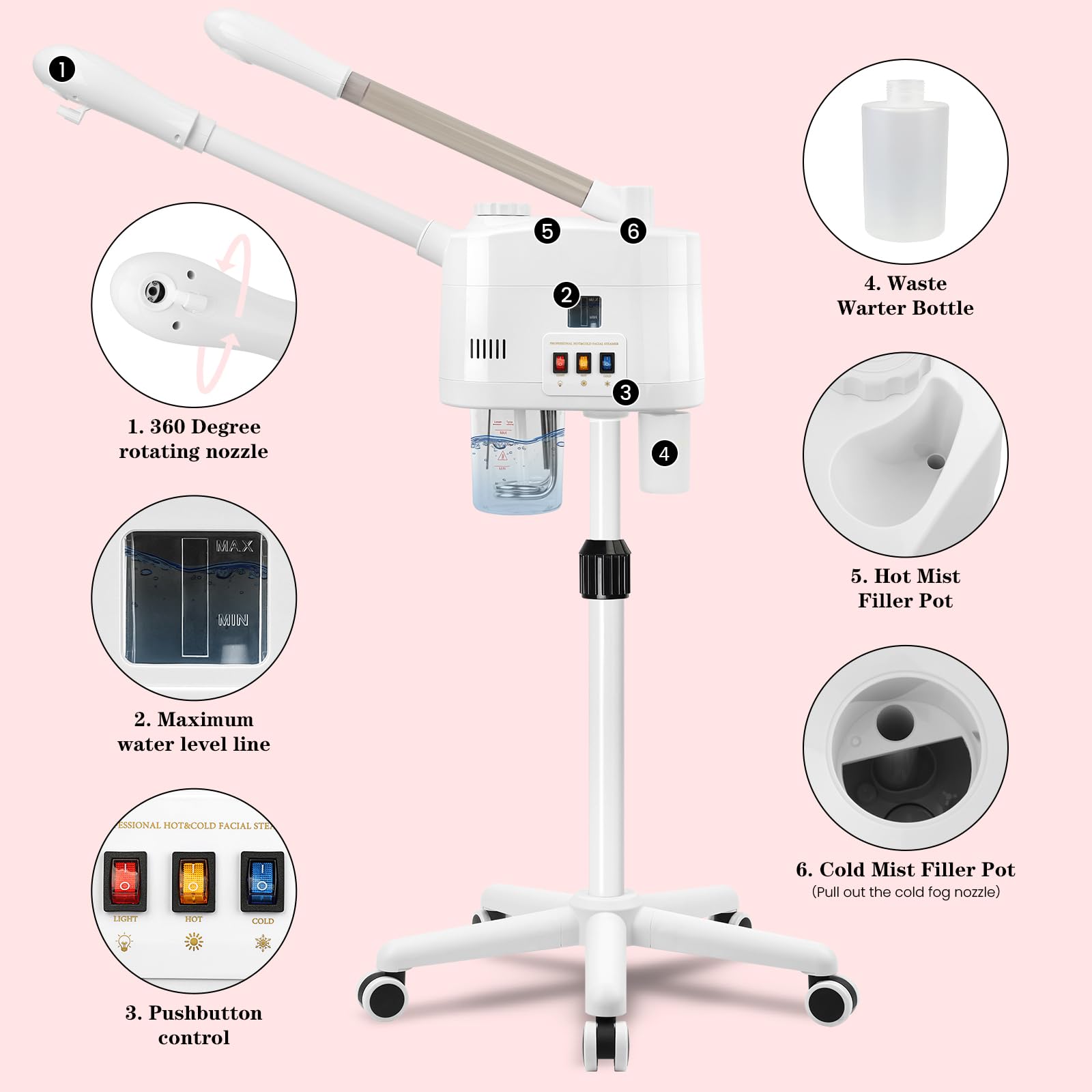 Lailelaodi stand steamer at adjustable height for spa or home use.