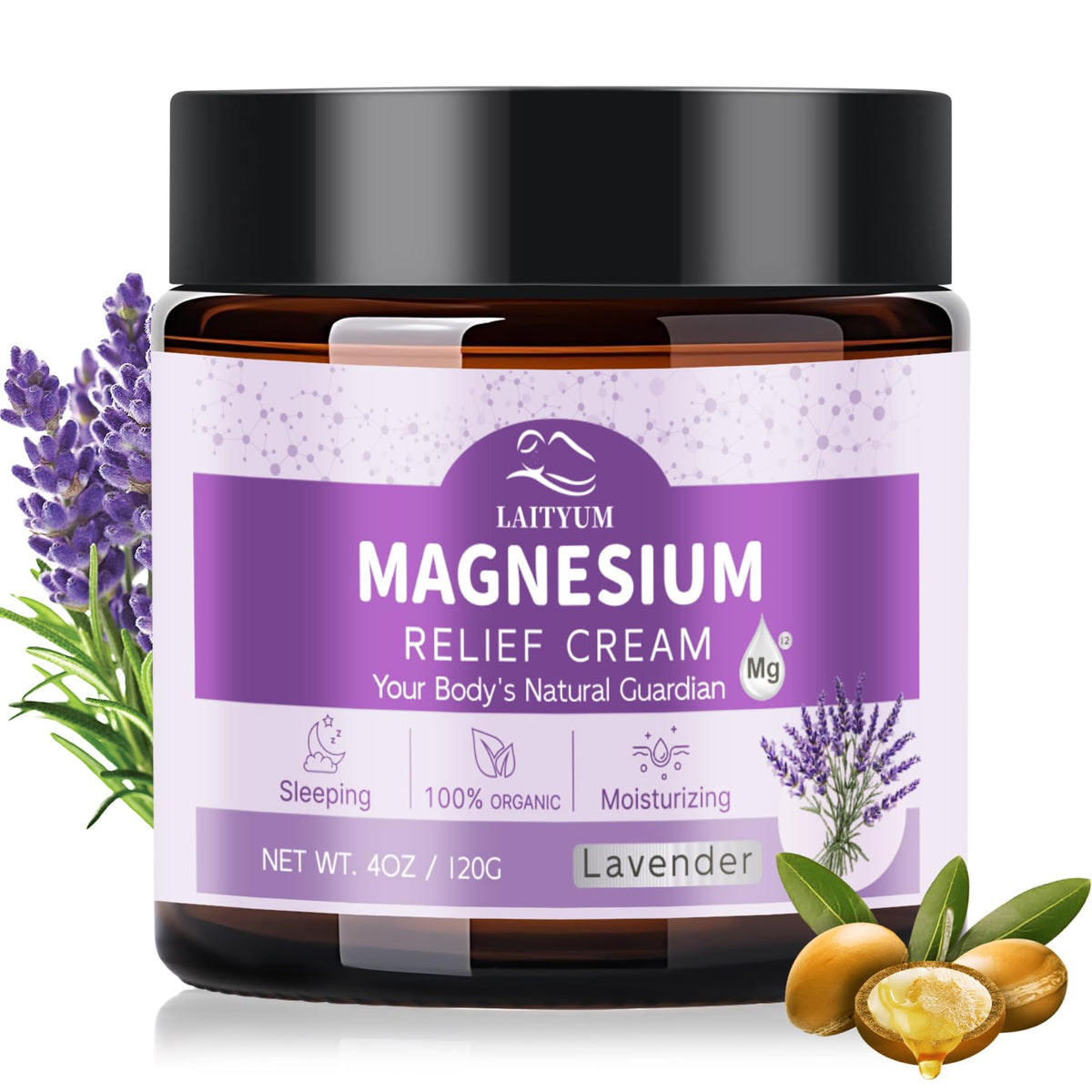 LAITYUM Magnesium Body Lotion lavender bottle promotes relaxation after a long day