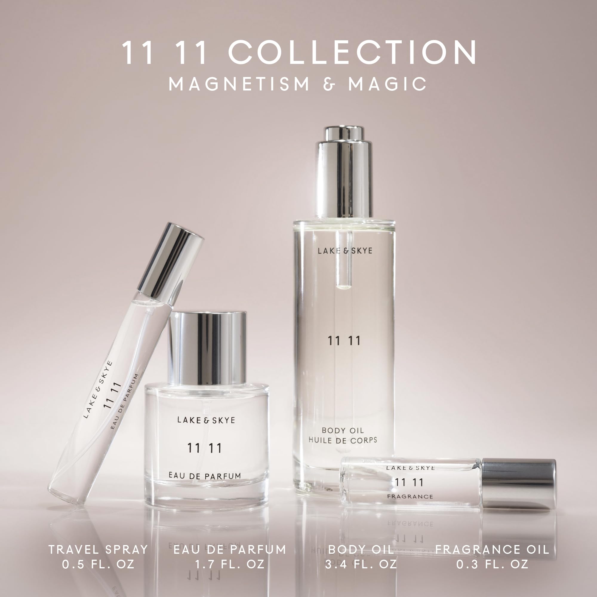Lake & Skye 11 11 Body Oil Mini on a bathroom shelf ready for travel