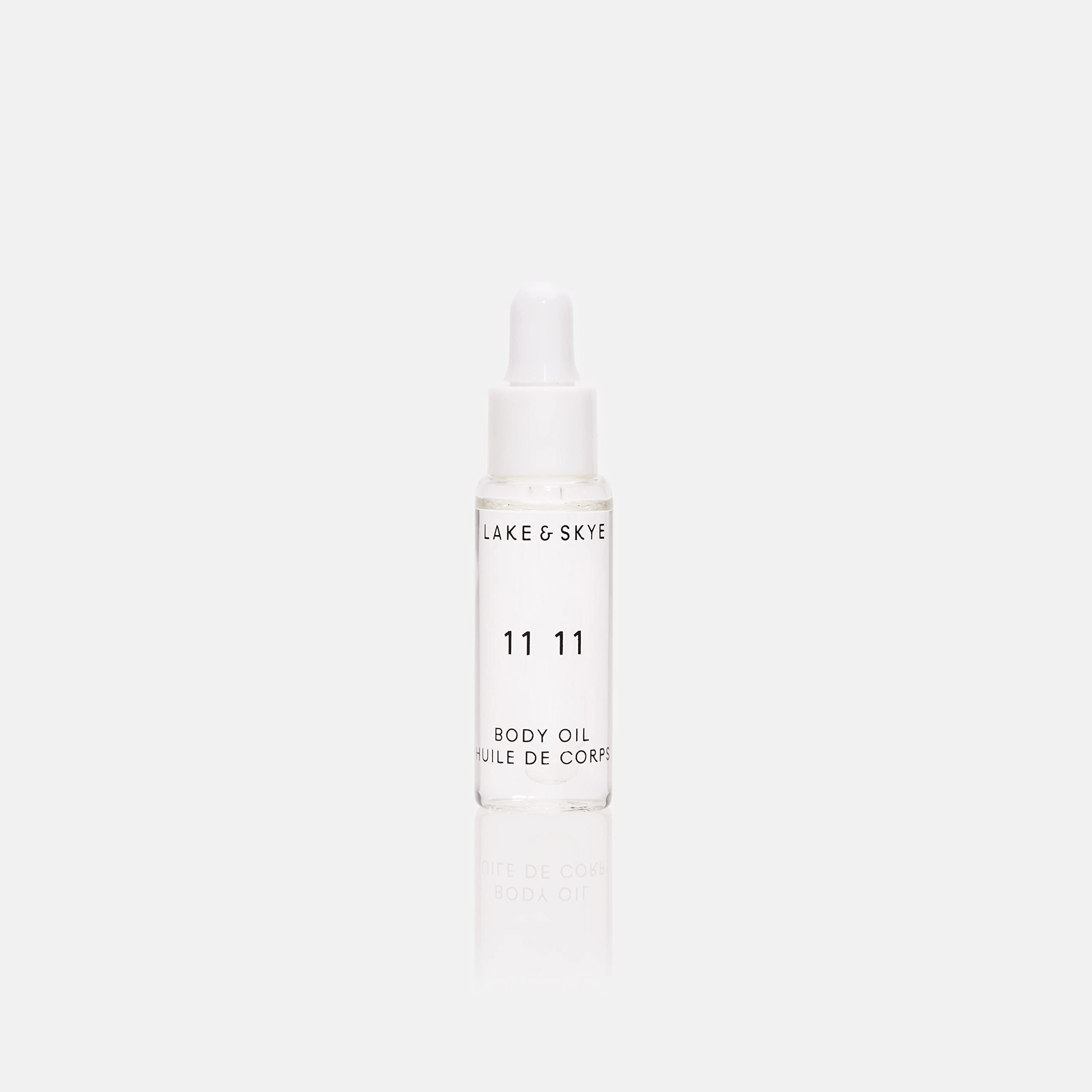 Lake & Skye 11 11 Body Oil Mini bottle showing clean skin musk scent