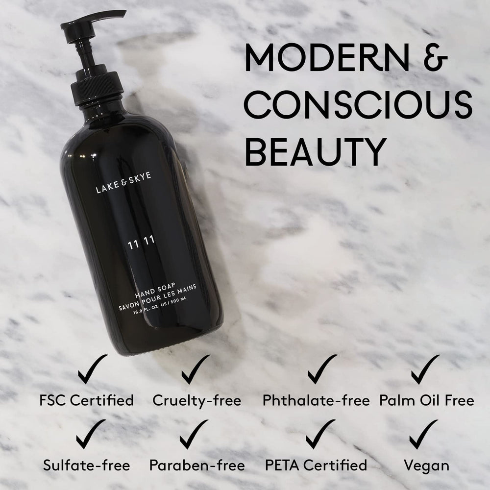 Lake & Skye 11 11 hand soap middle notes include amberwood and cyclamen.
