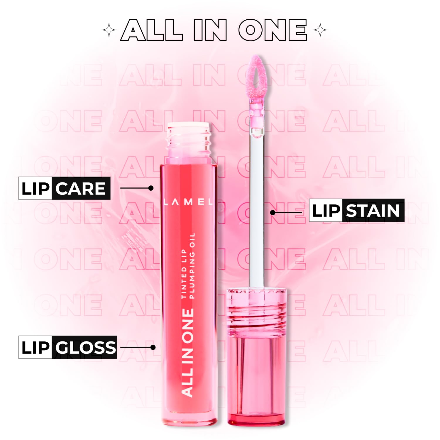 Lamel All-in-One Lip Oil tinted-gloss-application with buildable color and shine.