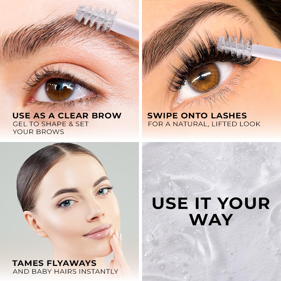 Lamel clear brow gel close up showing natural feathered hold