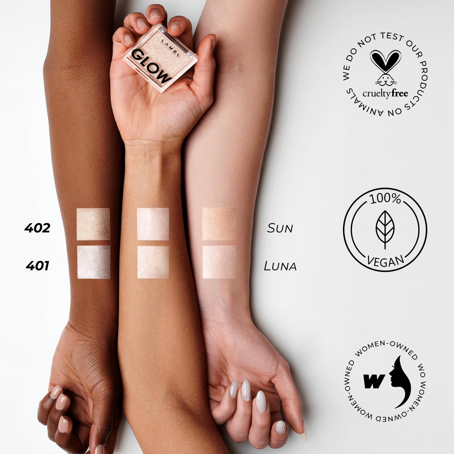 LAMEL Glow Highlighter cruelty-free vegan packaging emphasizes ethical beauty choices.