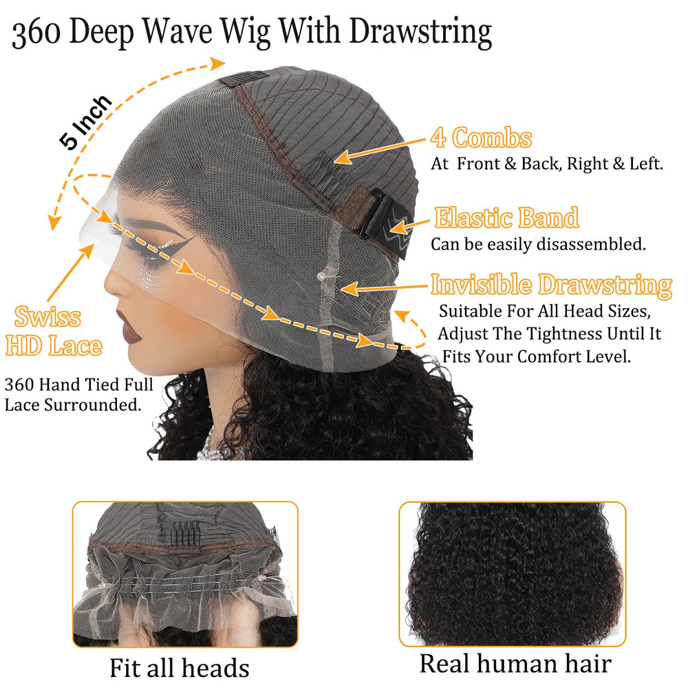 Lametope 360 deep wave wig shows soft texture and natural movement.