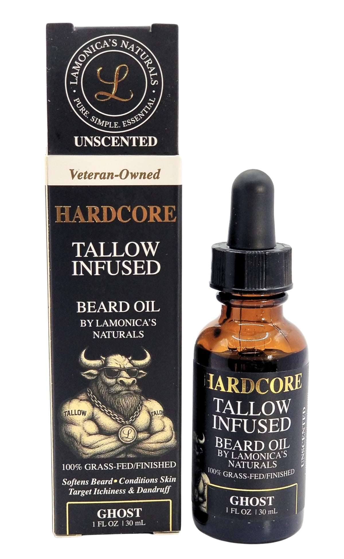 LAMONICA'S NATURALS HARDCORE beard oil bottle close-up emphasizing hydration for beard and skin