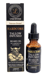 LAMONICA'S NATURALS HARDCORE beard oil bottle close-up emphasizing hydration for beard and skin