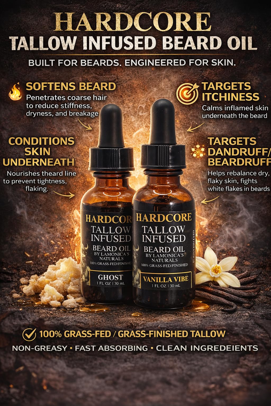 LAMONICA'S NATURALS HARDCORE ingredients panel showing grass-fed tallow and organic oils