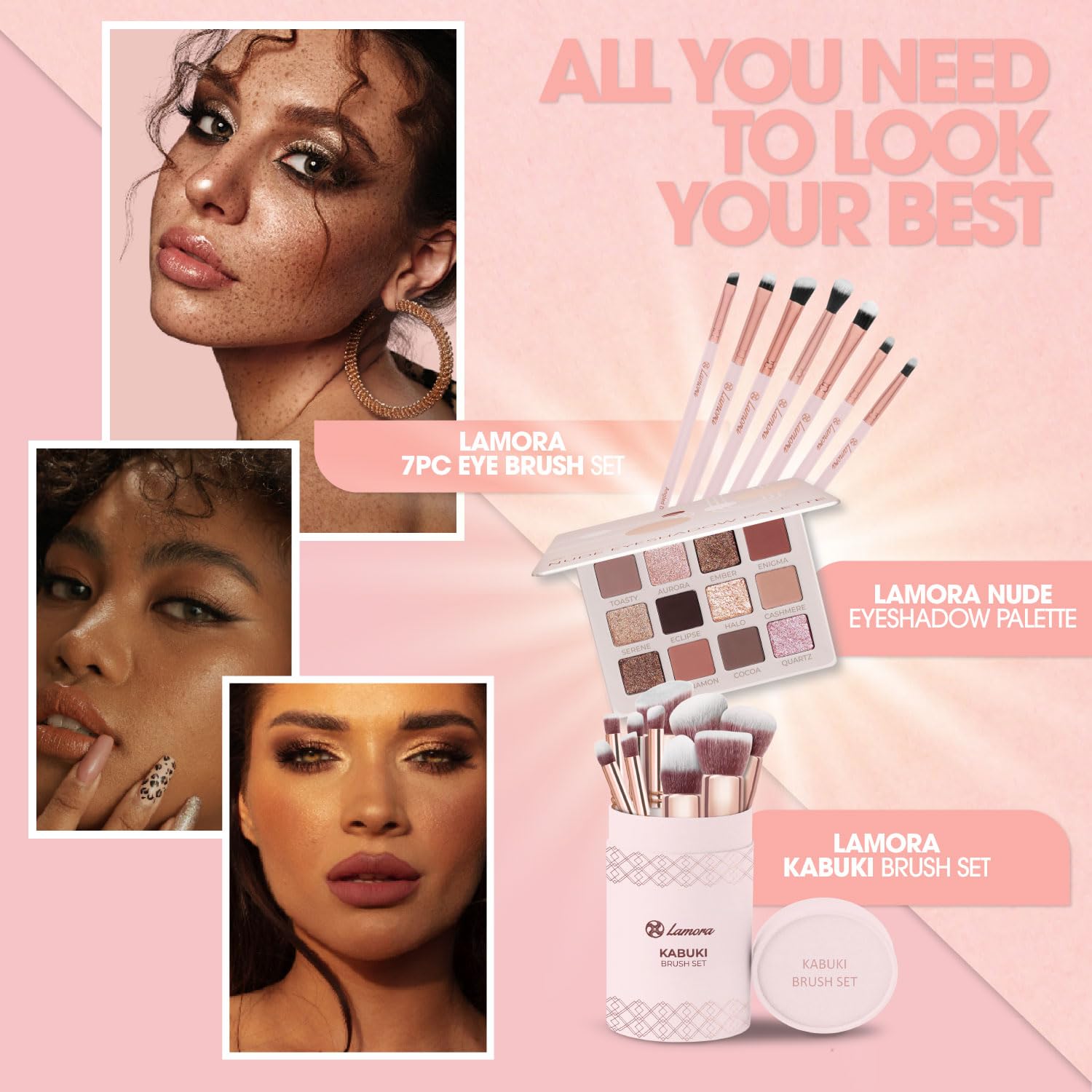 Lamora Eyeshadow Brush Set displayed together for a travel-ready routine.