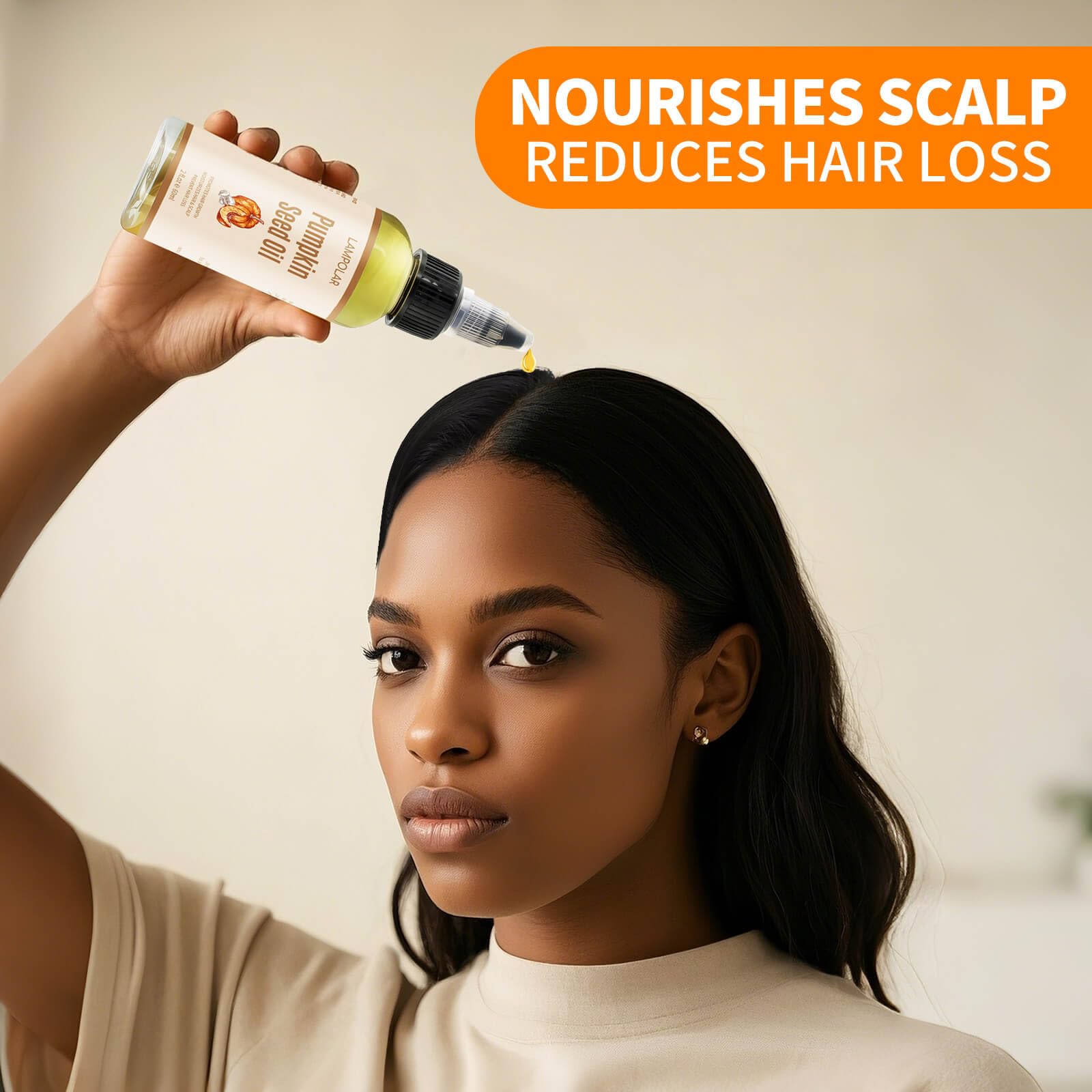 Lampolar Pumpkin Seed Oil on bathroom shelf showing natural scalp nourishment.